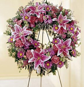 Sympathy wreath in purple colours