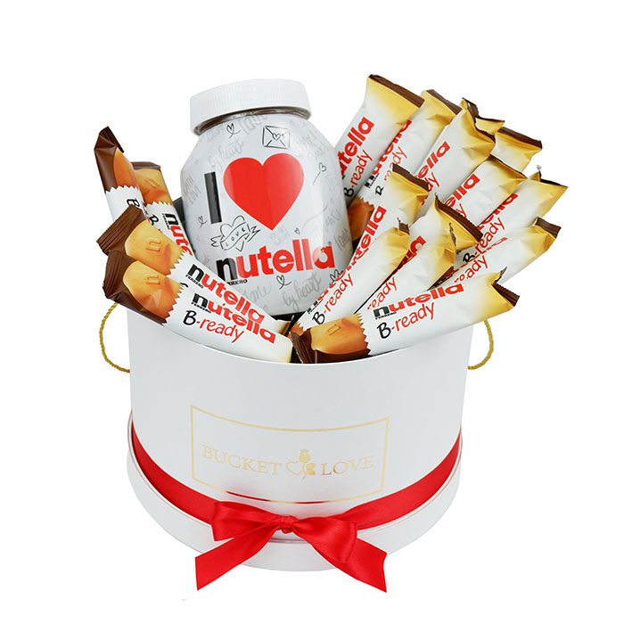 nutella chocolates and big nutella in the white bucket