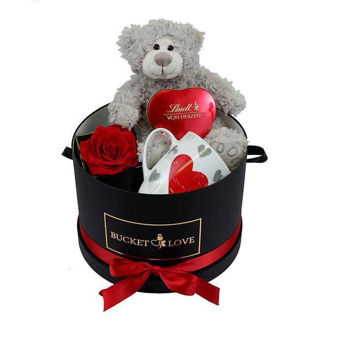 grey teddy bear with red heart of chocolates and red rose and white