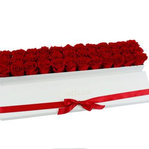 red roses in a rectangular long white box with red bow