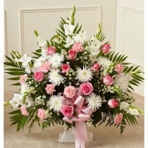 White and pink sympathy flower arrangement - Ikebana