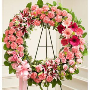 Sympathy wreath in pink colours